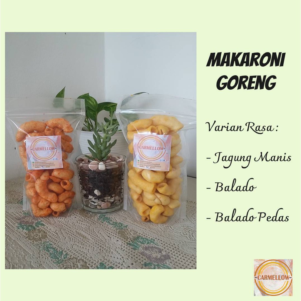 

Cemilan Makaroni Goreng Kemasan 50 gram / Makaroni Goreng Mekar Rasa Balado Pedas & Jagung Manis