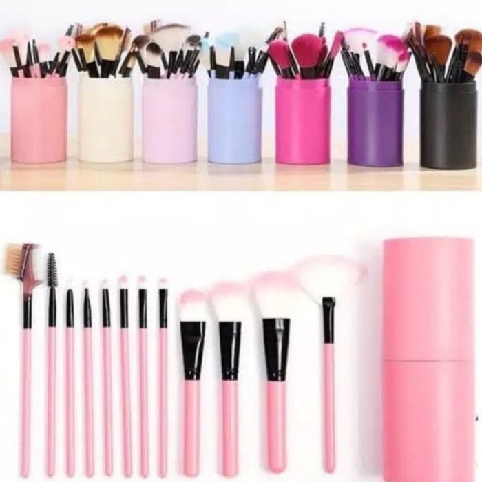 Set Alat Make Up Brush 12 In 1 Tube Rias Make Up Tabung Pink