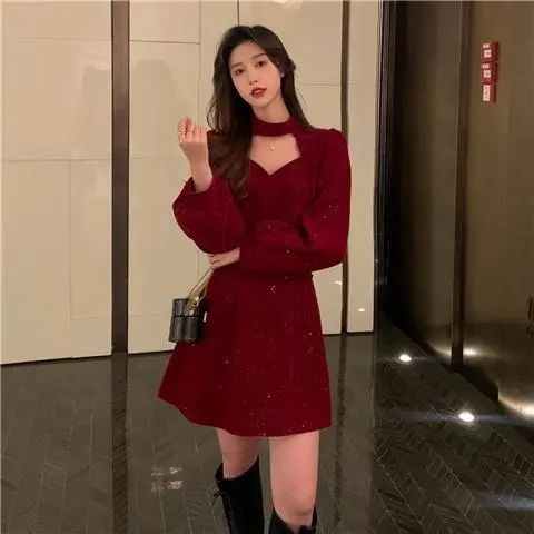 New year's red velvet dress new winter Plush minority design temperament annual meeting dress short