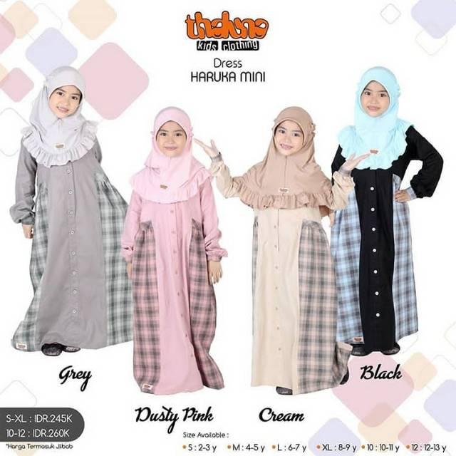 Gamis Anak+Jilbab - Dress Kotak anak - Baju Muslim Anak+Jilbab - Original Thaluna Gamis Haruka Mini