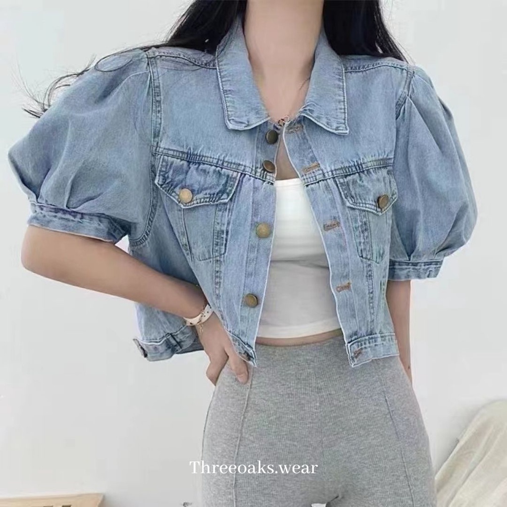 HYACINTH JAKET JEANS CROP PREMIUM IMPOR DENGAN TANGAN BALON SUPER KOREAN STYLE