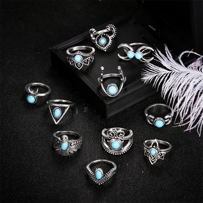 11pcs / Set Cincin Bentuk Burung Hantu Bulan Sabit Turquoise Gaya Bohemian Untuk Wanita