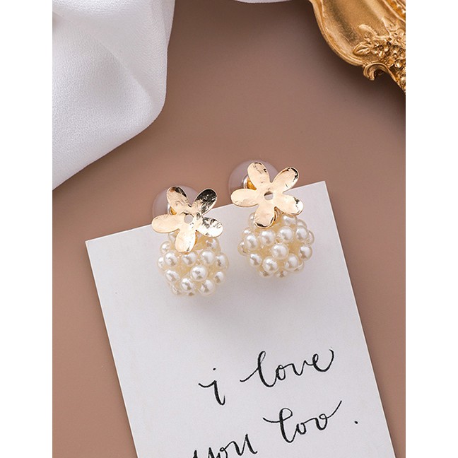 LRC Anting Tusuk Fashion Gold 925 Silver Needle Flower Pearl Ball Stud Earrings F4616x