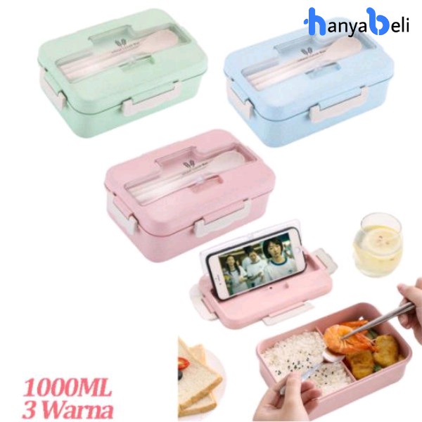 HanyaBeli Kotak Makan Siang Microwave Kotak Bekal Lunch Box Set Free Sendok Sumpit 1000ml