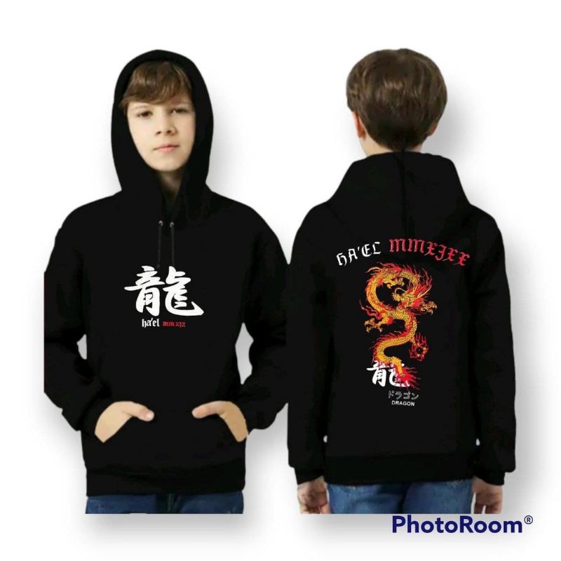 Hoodie sweater anak laki-laki motif naga, untuk anak usia 3-12 tahun