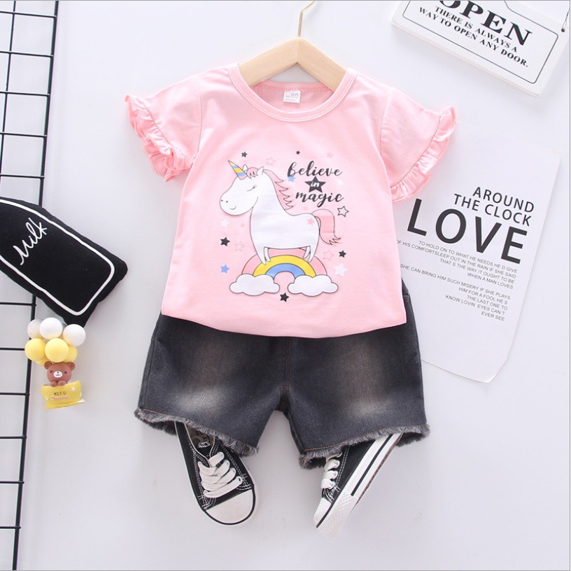 SCR 07 -Setelan kaos dan celana pendek/baju setelan /pakaian anak perempua motif unicorn believe in magic