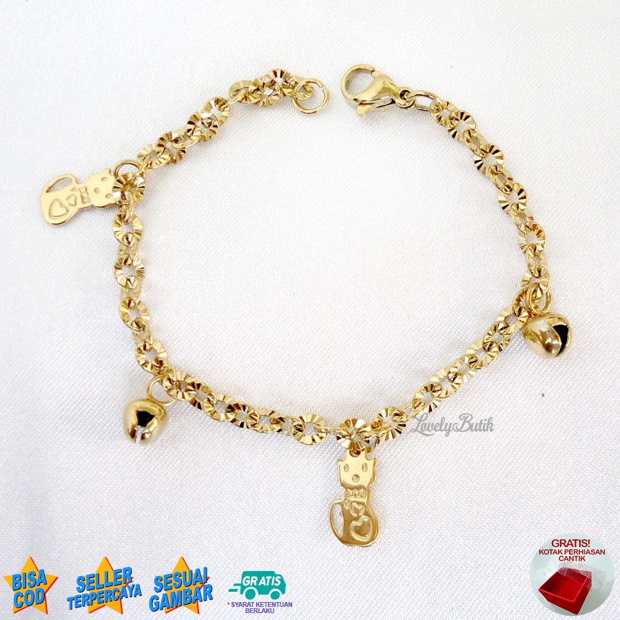 Lovelybutik Gelang Anak Perempuan Titanium Asli Anti Karat Gelang Tangan Anak Kitten Kecil Krincingan Rantai Nori Donat Ukuran 15 Cm BONUS TEMPAT PERHIASAN