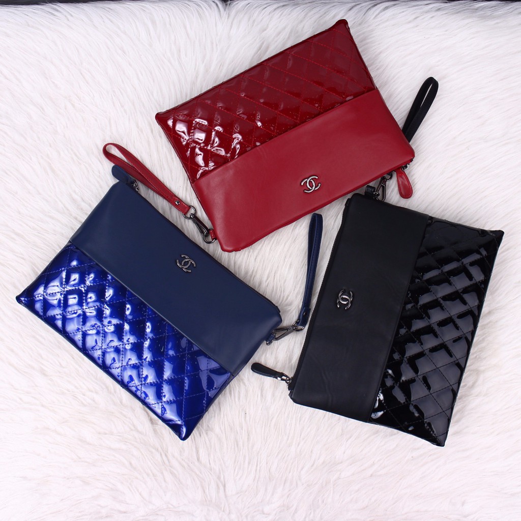 HandBag Cewek Clutch Chanel Ocase Vanity Leather Bahan PU Leather Combi Glossy Cantik dan Menawan