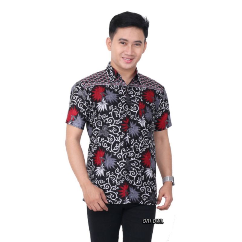 Batik Pekalongan Pria Lengan Pendek Kemeja Motif Hitam Putih Jali