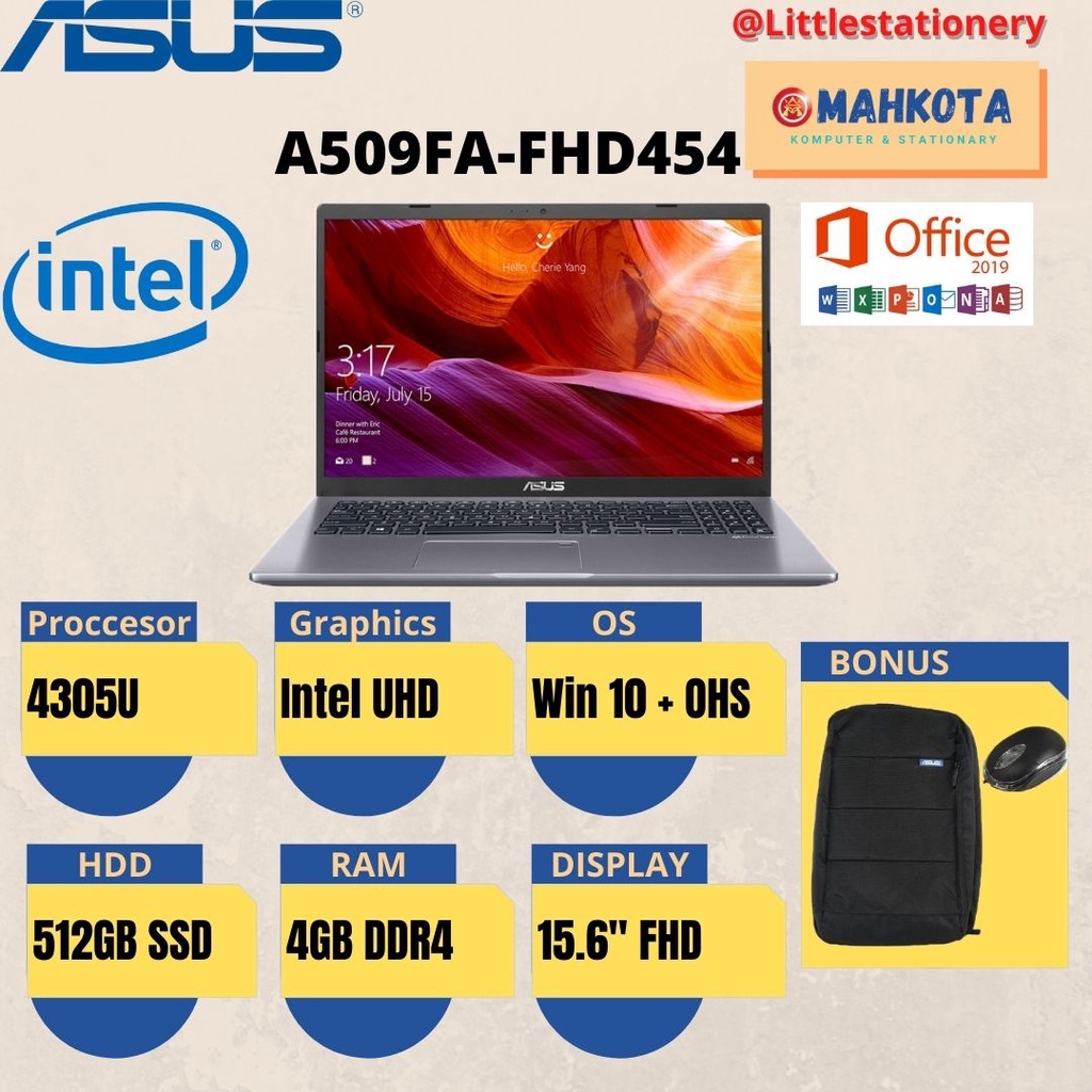 ASUS VIVOBOOK A509FA FHD453 FHD454 N4305U RAM 4GB 512GB SSD W10 OHS