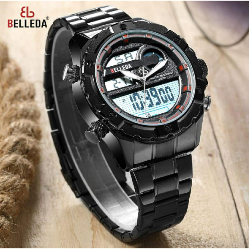 Jam Tangan Cowok Belleda B9295 Dualtime Rantai Stainless Kualitas Original Waterproof