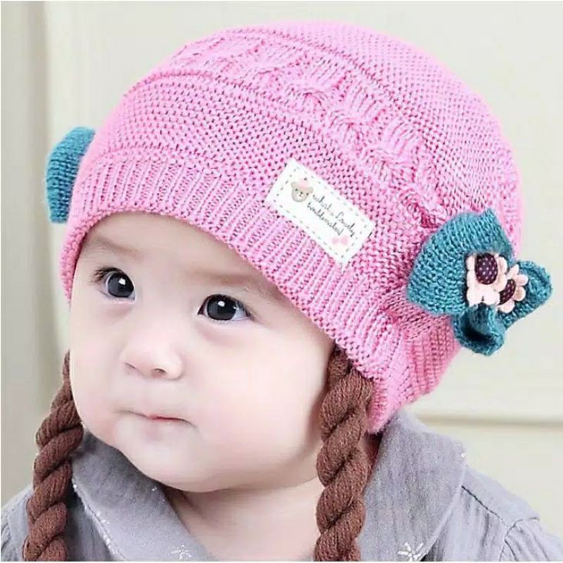 Topi kupluk anak bayi rajut wig rambut kepang cute