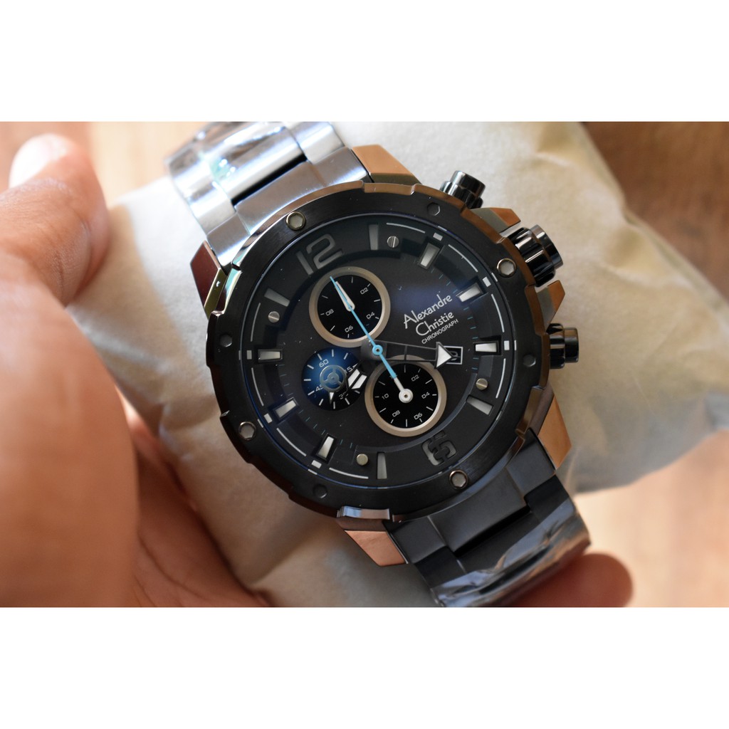 Jam Tangan Alexandre Christie Cowok Pria AC6410 AC 6410 MC Full Black Jarum Biru