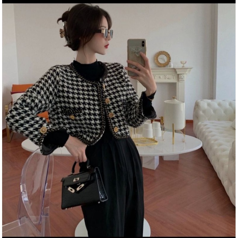 VN SINYOU LUXURY FURRY BLAZER KNIT CROP TEBAL / KNITWEAR  CARDI HOUNDSTOOTH CROP / OUTER KNIT BULU RAJUT PREMIUM