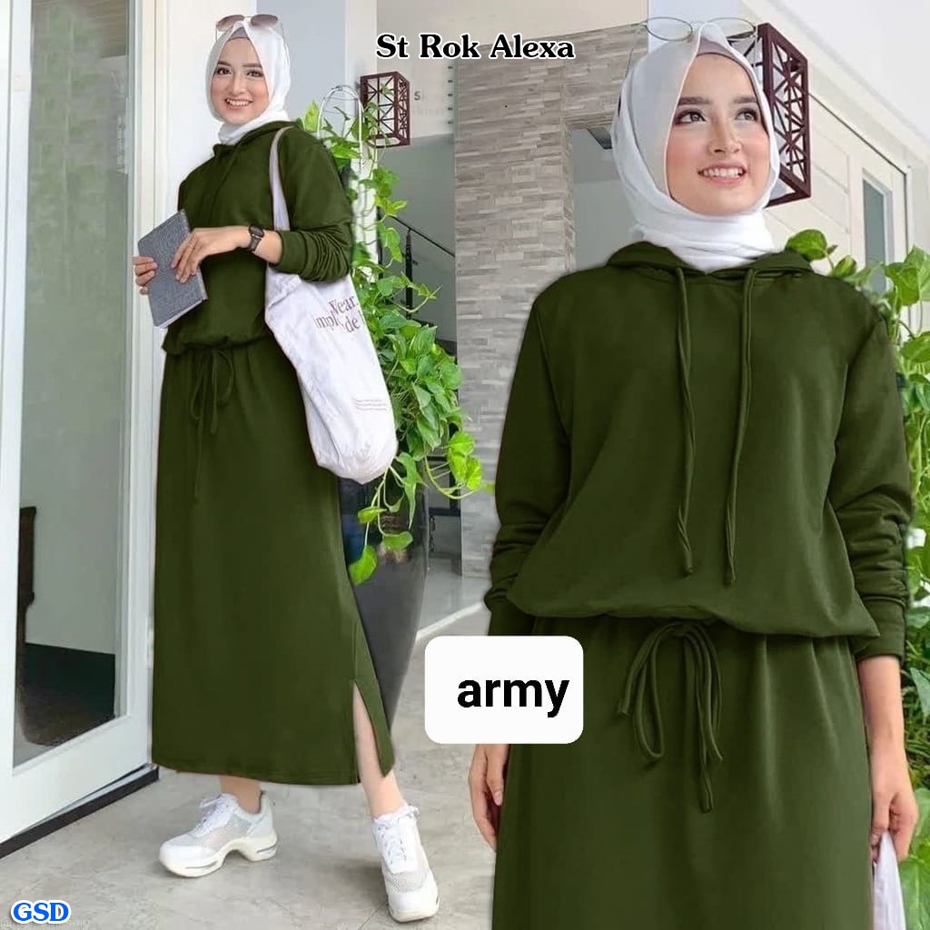 Alexa/Setelan Hoodie Impor Baju Wanita Muslim Jalan - Jalan Dan Rok Panjang Polos Casual  Bahan Babyterry