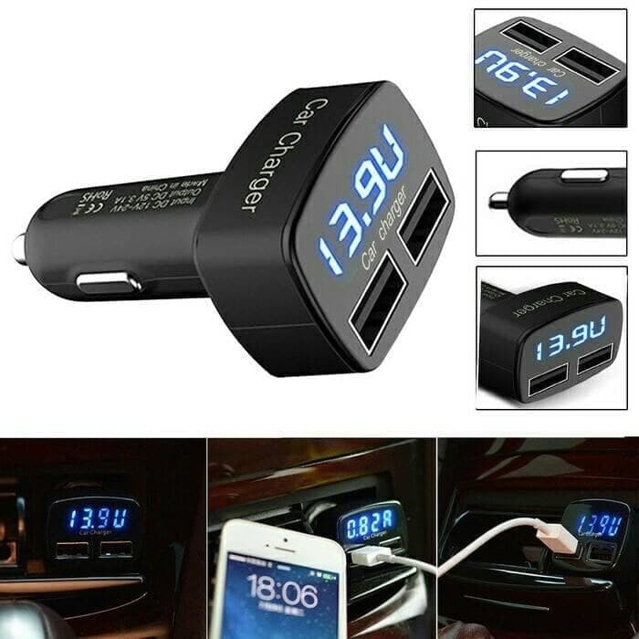 Car Charger 4 in 1 Dual USB LED Voltmeter, Ampere, Temperatur
