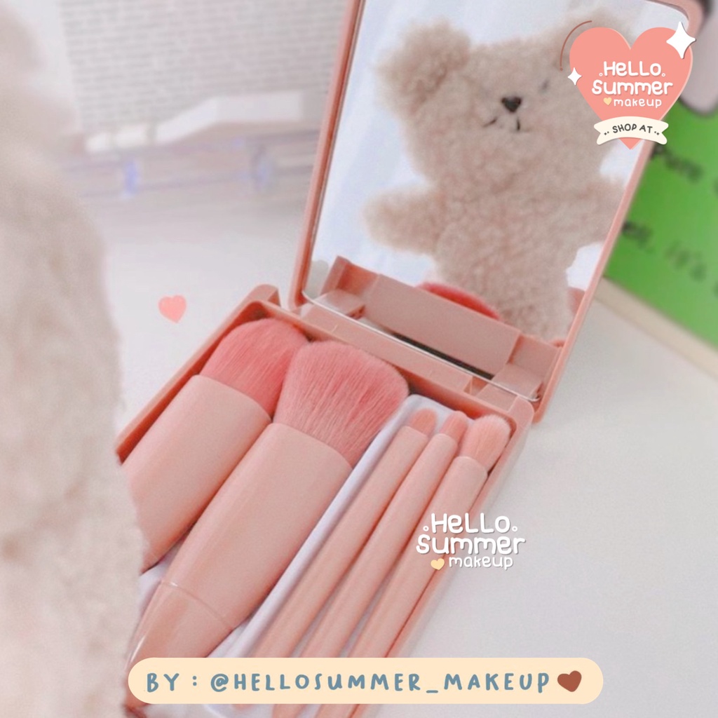 𝐌𝐀𝐊𝐄𝐔𝐏 𝐁𝐑𝐔𝐒𝐇 𝐒𝐄𝐓 - Choco Nude Portable Brush Set 5pcs dengan Box Pink Dengan Kaca High Quality Brush