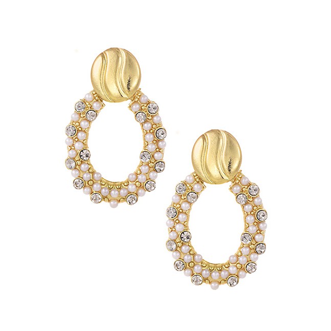 LRC Anting Tusuk Fashion Gold Alloy Pearl Studded Oval Stud Earrings D52818