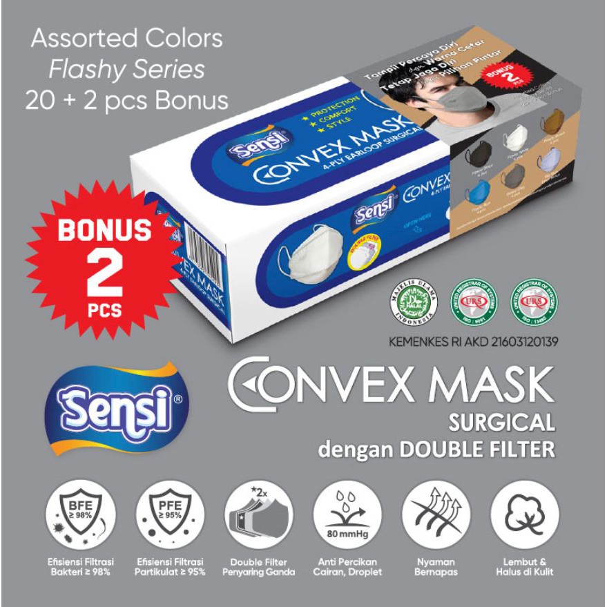 SENSI CONVEX MASK ASSORTED COLORS "FLASHY SERIES" 4ply ISI 22pcs