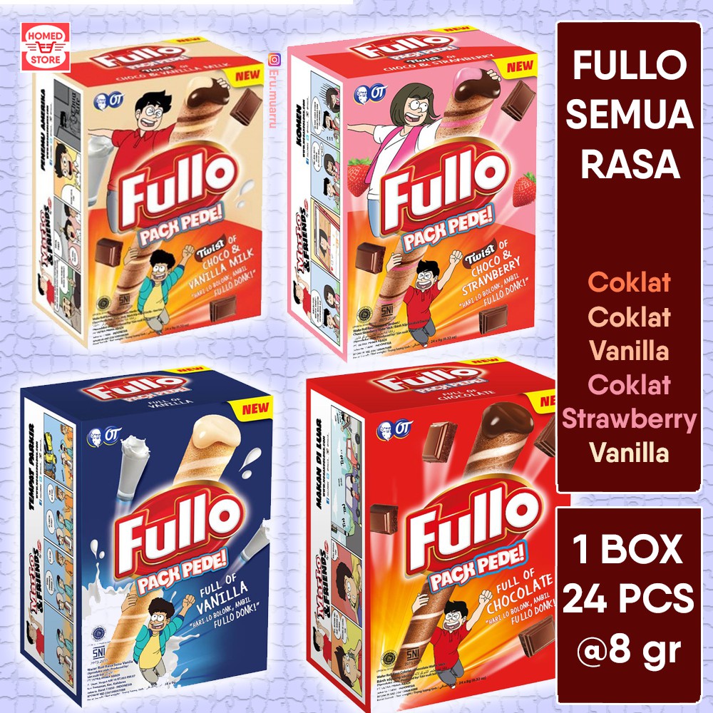 

Fullo Wafer Roll Rasa Coklat / Vanilla / Coklat Strawberry / Coklat Vanila (Isi 24 pcs x 10.5 gr)