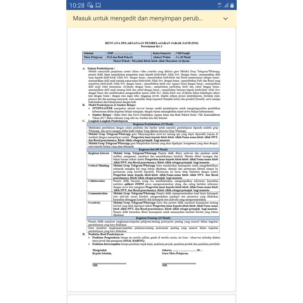 RPP 1 lembar(RPP Daring &amp; LURING) SMP Kelas 8, Mapel Bahasa Indonesia 2Semester