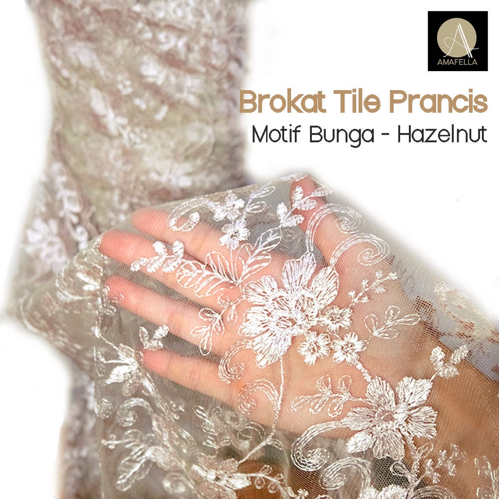 1/2 meter Kain Brokat Tile Prancis Bahan Kebaya Motif Bunga Hazelnut