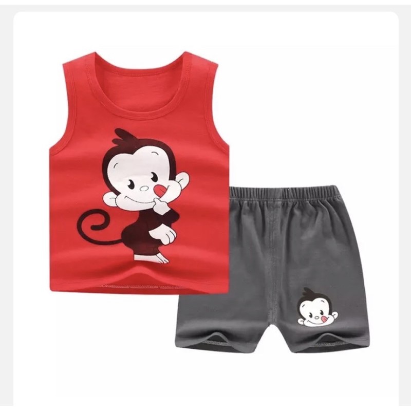 SETELAN SINGLET ANAK KARAKTER MONKEY 6-12 BULAN PAKAI