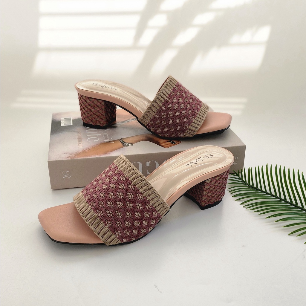 SE LOOVE - PAMELA Sandal Heels Wanita / Selop Rajut / Heels 5cm / Selop Heels / Heels Pesta / Heels 