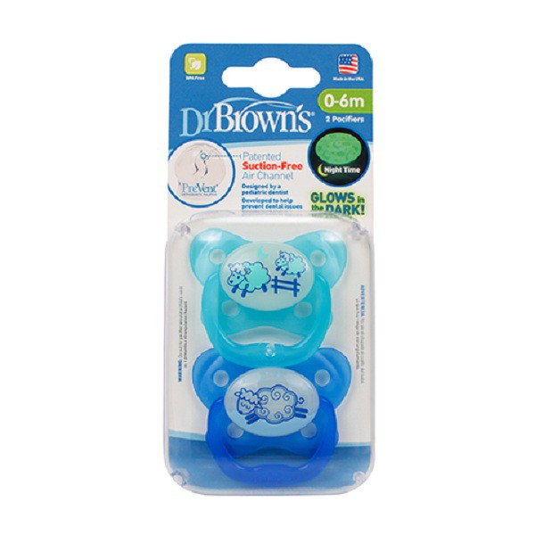 Dr. Brown's 2pk Glow In The Dark Boy Sheep Pacifier 0-6m