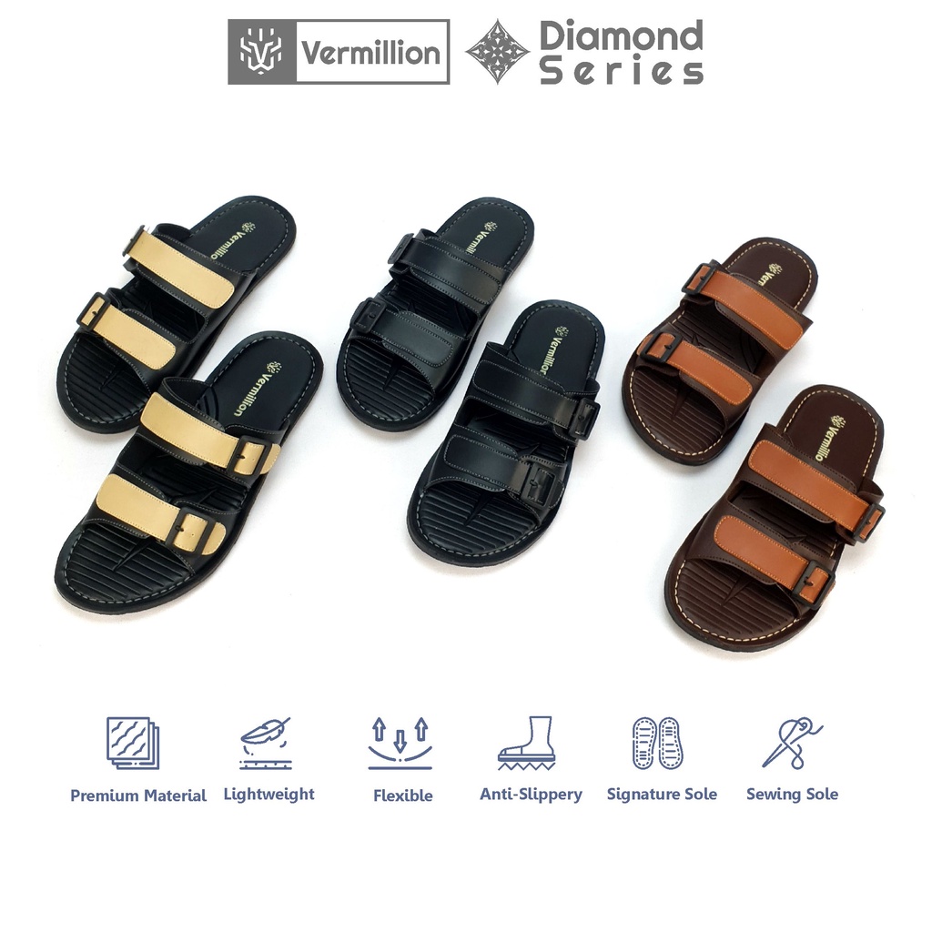 Sandal Kulit Pria Vermillion Sandal Slide Anti Slip Kekinian Termurah Sandal Pria - Aiden