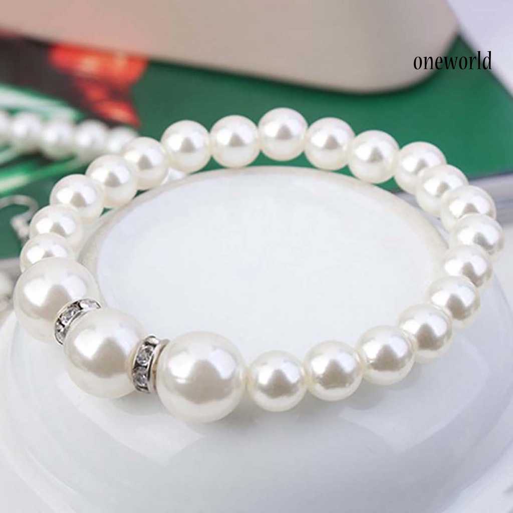 OW@ 3Pcs Elegant Women Faux Pearl Necklace Hook Earrings Bracelet Wedding Jewelry Gift