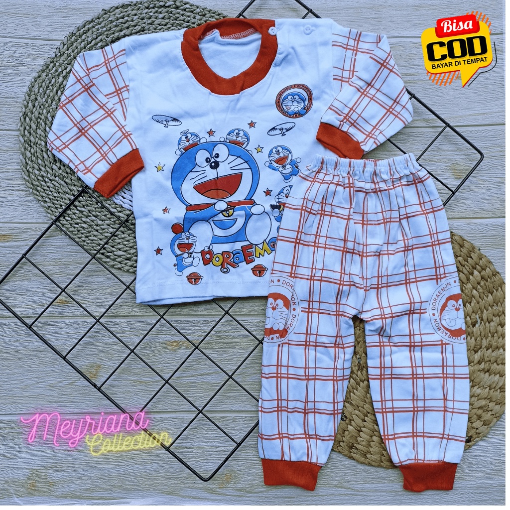 Setelan Baju Bayi Lengan Panjang Kaos Oblong Kancing Bahu Piyama Anak Usia 3-12 Bulan Motif Doraemon Meyriana Collection