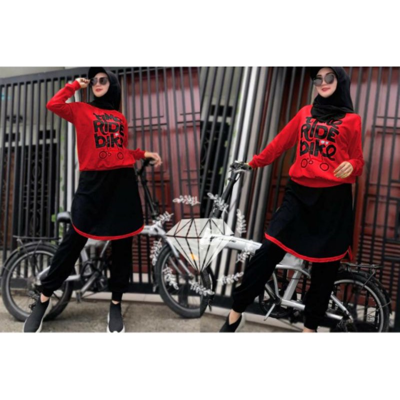 SET CELANA RIDE BIKER TR, BABYTERRY, GAMIS, HIJAB, MUSLIM, SETELAN