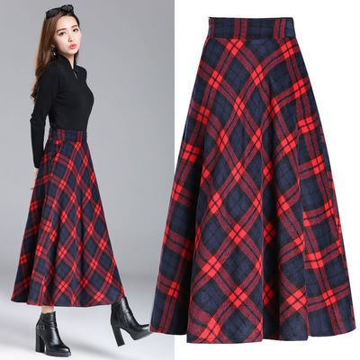 Rok panjang bermotif kotak-kotak wanita baru longgar ukuran besar pinggang tinggi ramping rok A-line