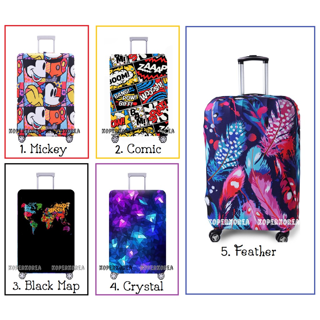Sarung penutup koper motif Mickey Comic Map super elastis untuk koper expandable 22 inch 26 inch