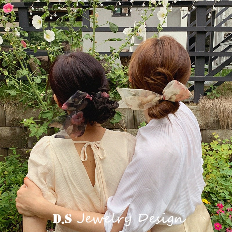 PITA RAMBUT MESH RIBBON MOTIF BUNGA HAIR TIE IKAT KARET RAMBUT FLOWER PATTERN RETRO ELEGAN KOREA AKSESORIS SCRUNCHIE