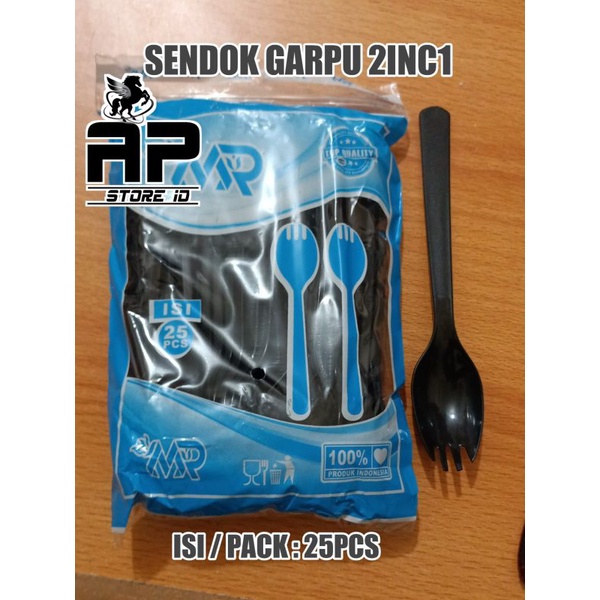 isi 25pcs Sendok Plastik 2inc1 / Sendok Garpu Makan Hitam