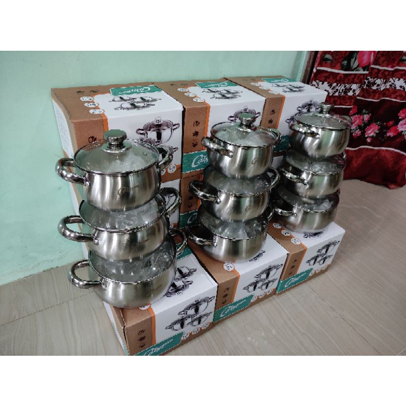 Panci Set Stainless  Susun 3 Tutup Kaca