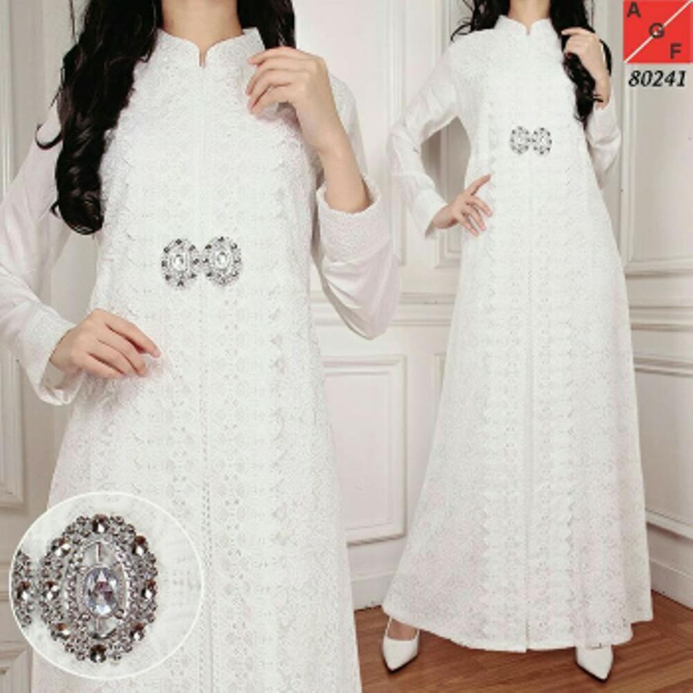 Baju Muslim Gamis Putih Elegance Bahan Silk Sutera Mix Brokat size M L XL atasan muslim wanita ER_S