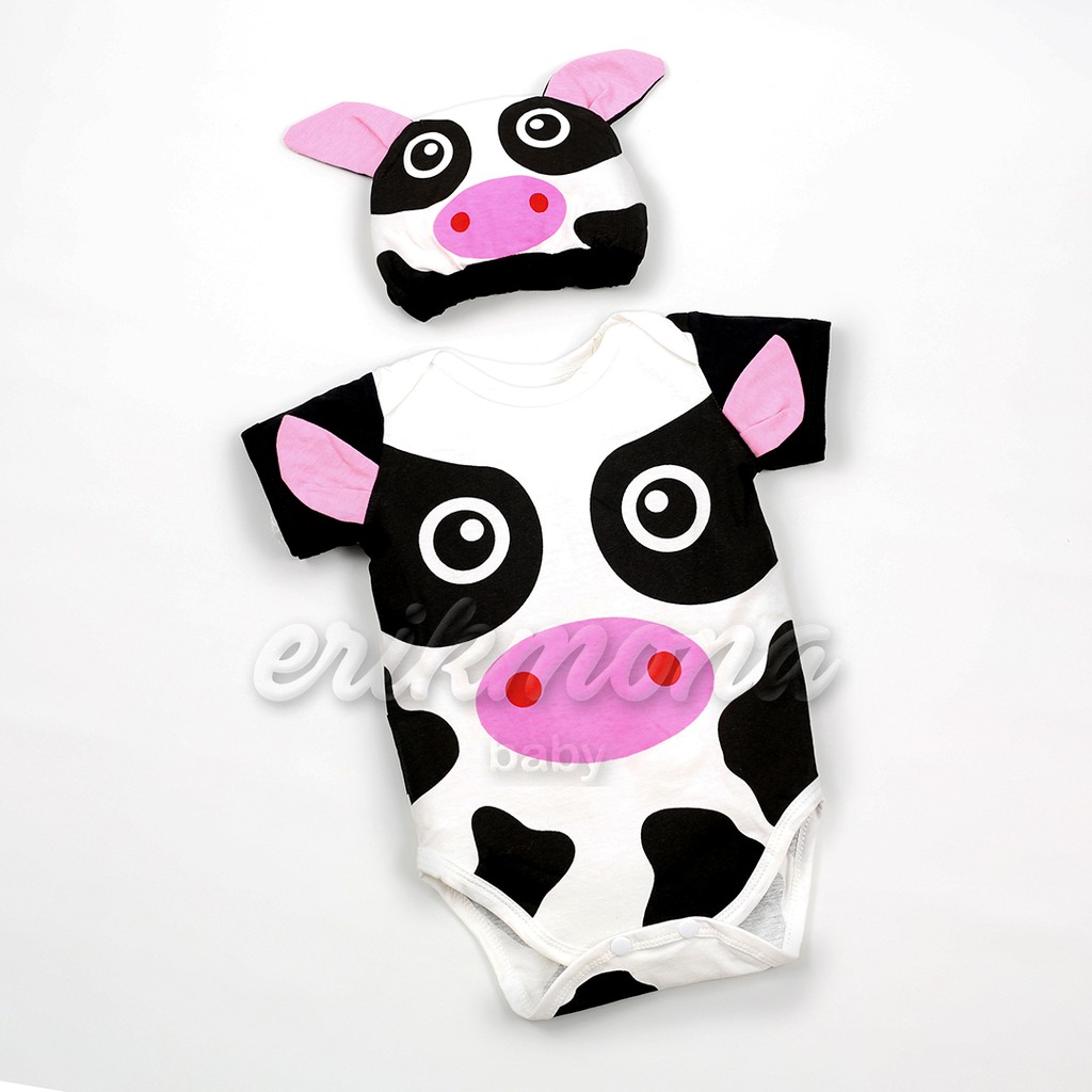 Ermon Baby - Jumper Bayi Laki Laki Perempuan Jumper Baby Cowok Cewek Lucu Karakter Sapi + Topi Usia 0 - 12 Bulan