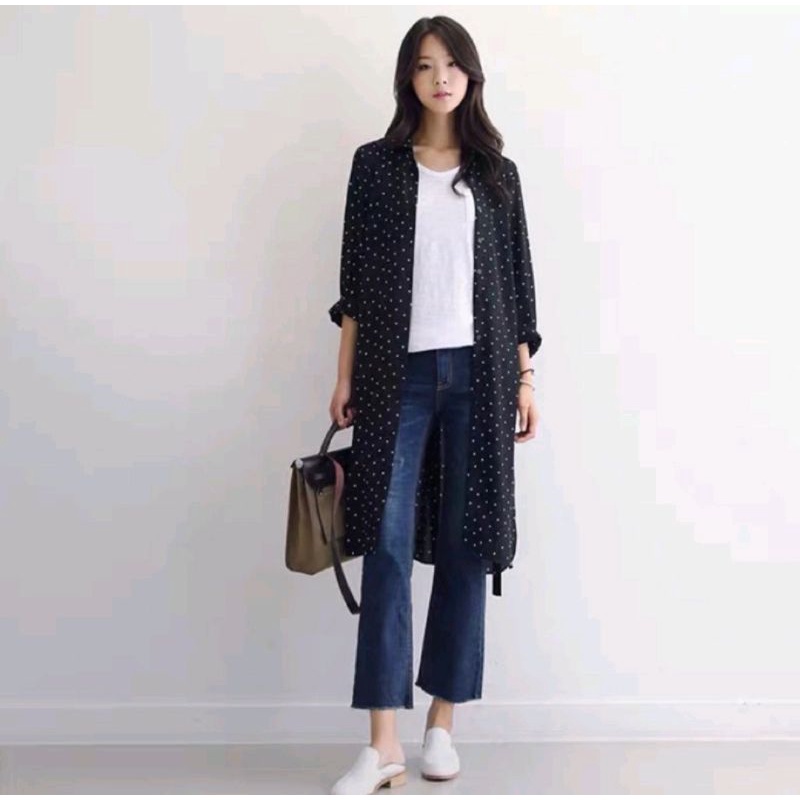 LONG CARDIGAN POLKADOT.OUTER WANITA FASHION.KOREAN STYLE
