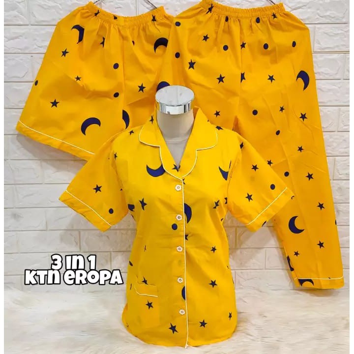 SEASOND IND 3in1 Piyama/Baju Tidur Wanita Dewasa Hello Kitty/L Fit to XL-starmoon kuning