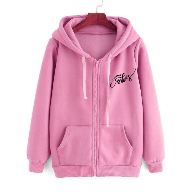 Jaket Hoodie Wanita Atasan POSITIVE VIBES Bahan Babyterry-PINK