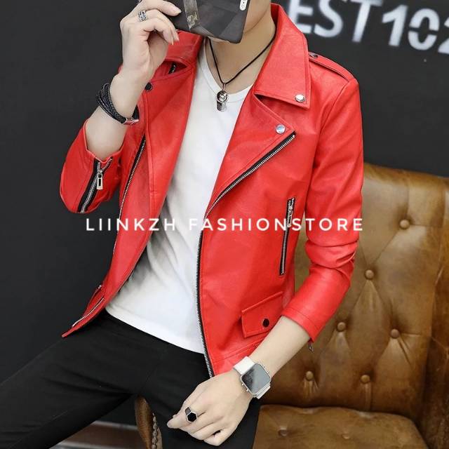 Jaket korea cowok bahan semi kulit asli bandung