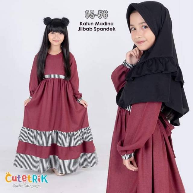 Gamis anak cutetrik bahan katun madina motif polos usia 5-7tahun