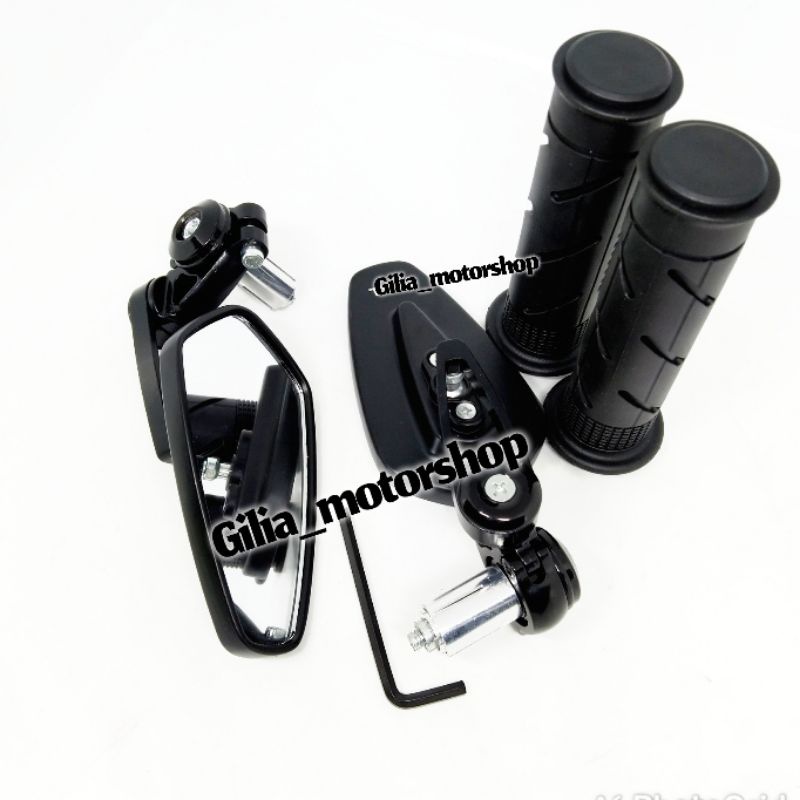 (Paket) Spion Jalu Oval Mirror Putih Plus Handgrip Handfat Garis Black Edition Universal Motor