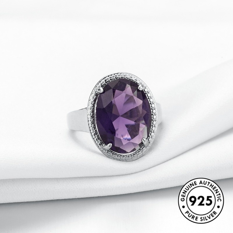 Cincin Silver S925 Hias Batu Permata Amethyst Besar Elegan Untuk Wanita