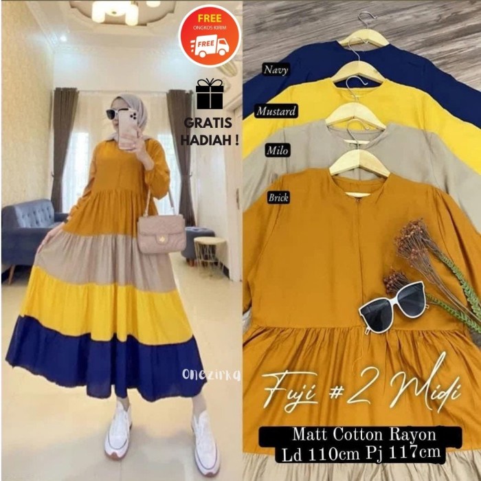 Baju Gamis Wanita Fuji Fashion Muslim Kekinian Terbaru 2022 Lebaran - Mustard