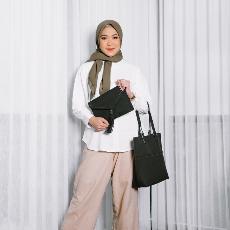 Mores Tas Kerja Tote Bag Wanita PU Kulit Suede Sintetis &amp; Envelope ClutchNoelle Office Woman Totebag 2 in 1 Polos Hitam