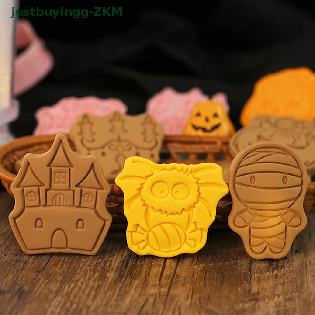 8pcs Cetakan Pemotong Biskuit Cookies Bentuk Kartun Labu Hantu Halloween Bahan Plastik Model Tekan